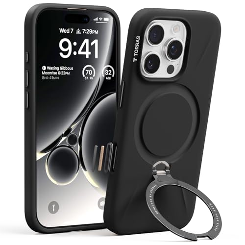 TORRAS Ostand Q3 Silikon für iPhone 16 Pro Hülle mit 360° Ständer Schwarz