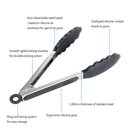 Pinzas-de-Cocina-GWCLEO-Pinzas-para-Barbacoa-en-Acero-Inox-y-Silicona-Pinzas-para-Ensalada-y-Servir-con-Consejos-sin-Rasguos-y-Mangos-de-Cojn-de-Silicona-Anti-DeslizanteNegro-9-y-12-Pulgadas