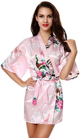 Women New Fashion Stain Pajamas Floral V-Neck Loose Nightwear Robes Short Style, Pink &amp; Red, Large