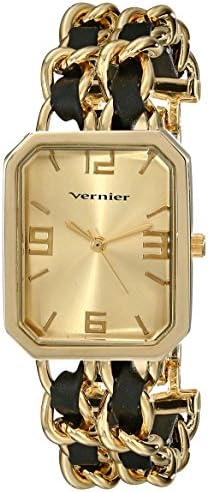 Vernier Women's VNR11180Y Gold-Tone Watch with Faux-Leather and Chain-Link Bracelet
