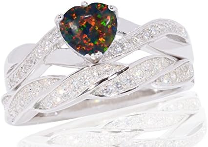 Heart Cut Simulated Black Fire Opal Infinity with CZ Ring Set Genuine Sterling Silver