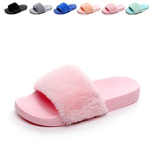 Women's Flip Flop Faux Fuzzy Fur Slide Slip On Flat Sandal Shoe Slipper Light Pink 7.5-8 B(M) US