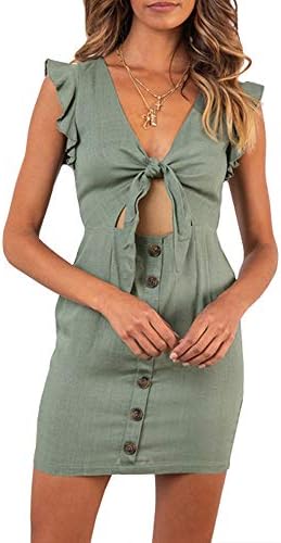 GAMISOTE Womens Summer Strap A Line Sundress Ruffle Swing Button Beach Mini Dresses