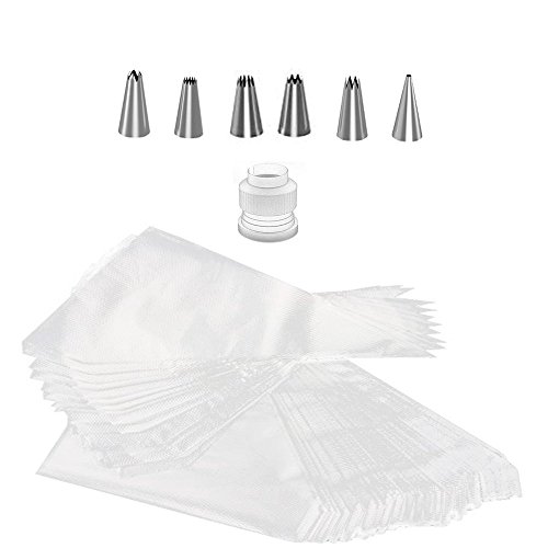 207 PCS Cake Decorating Supplies Kit- 6 Stainless Steel Icing Frosting Tips - 1 Coupler, 200 Disposable Pastry Bags(11"+13") - Baking Tool Supply Piping Cake Nozzle