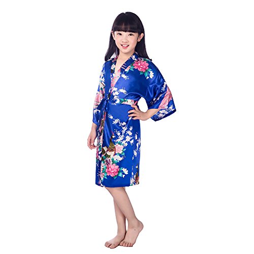 Kids Children Girls Kimono Satin Silk Soft Peacock Bathrobe Robes