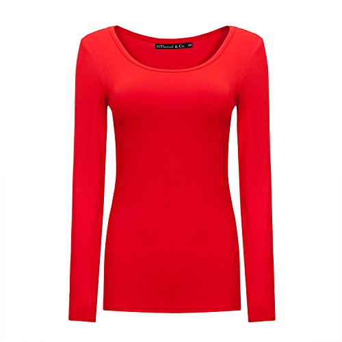 OThread & Co. Women's Long Sleeve T-Shirt Scoop Neck Basic Layer Spandex Shirts (Small, Red)