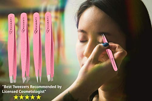 Ruvanti-4 Piece Professional Stainless Steel Tweezers Set - Eyebrow Tweezers, Slant tip, Pointed & Straight Best Precision Tweezers for Facial & Ingrown Hairs,Splinter & Hair.