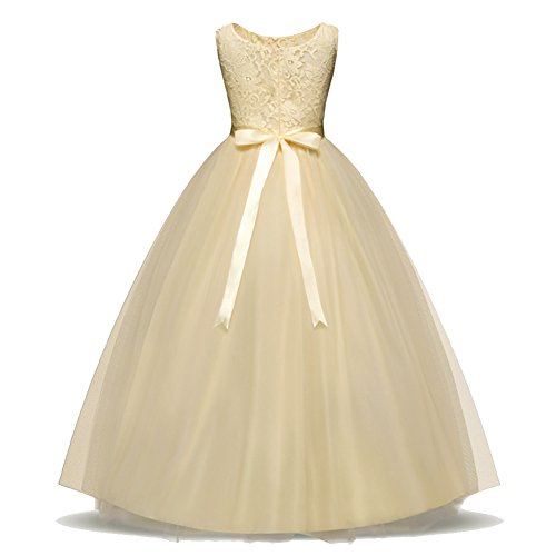Acecharming Girls Lace Bridesmaid Wedding Dress with Bowknot Princess Prom Party Tulle Gown for 7-8 Year (Champagne)