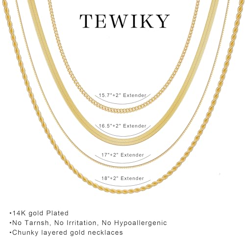 Tewiky Layered Necklaces for Women Non Tarnish- Chunky 14k Gold Plated Herringbone/Snake/Rope/Box/Cuban Link Chain for Women Waterproof Layering Stack Choker Necklace Trendy Dainty Tarnish Free Jewelry Set