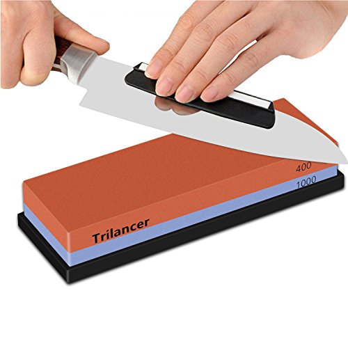 Whetstone Knife Sharpening Stone, 2-Sided 400/1000 Grit Knife Sharpener, Trilancer Japanese Style Waterstone Kit, Angle Guide and Rubber Base Included - Thumbnail 2