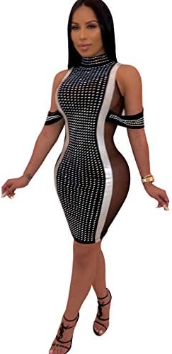 pridesong Stand-up Off-The-Shoulder mesh Stitching Sleeveless hot Drilling Sexy Dress Dress