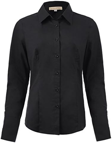 Women's Basic Long Sleeve Slim Shirt Button Down Collared Blouse (Black, M)