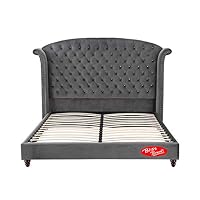 Bliss Brands Bed Frame (Gray), Cal King Sized with Tufted Crystal Nailhead Studded Headboard & Velvet Upholstery, 2019 Updated Model