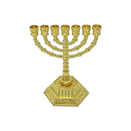 Votprof Small 7 Branch Gold Menorah + 45 Pure Beeswax Candles, 100% Beeswax, Natural Honey Scent, Dripless, Smokeless, Natural Cotton Wick, Modern Menorah