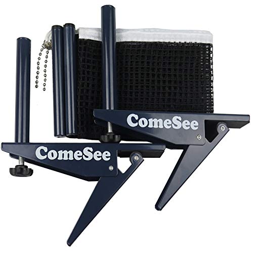 ComeSee Spring Activated Clamp Table Tennis Net and Post Set, 1.65 Inch Width Grip Holder, Insert Type Ping Pong Net Clip, Tension and Height Adjustable Easy Set Up (Navy)