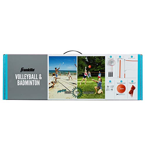 Franklin Sports Volleyball and Badminton Set - Volleyball, Pump, Badminton Rackets, Birdies, Net, and Adjustable Polls - Beach or Backyard Games - Combo Set