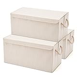 EZOWare Extra Large [3-Pack] Linen Fabric Foldable Storage Cubes Bin Box Containers with Lid and Handles - Light for Home, Office, Nursery, Closet, Bedroom, Living Room (24x12x12inch)
