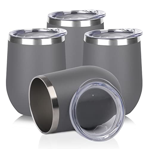 DOMICARE Stainless Steel Wine Tumbler Bulk with Lid, Personalized Insulated Tumblers Set, 12oz Travel Coffee Cups Pack of 4, Gray