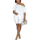 MESLIMA Women's Casual Loose Solid Off Shoulder Irregular Hem Top Elastic Waist Skinny Stretchy Long Pant Jumpsuit