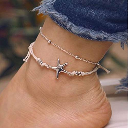 Yalice Boho Layered Starfish Anklets Ball Rope Ankle Bracelet Beach Foot Jewelry for Women and Girls