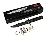Rogue River Tactical Hunting Knife Serrated Blade 8.5 Inch Survival Knife Heavy Duty Black with Kit & Sheath Camping Fishing Matches Fish hooks Needles Compass