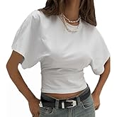 Women Wide Short Sleeve Casual Crew Neck Cinched Waist Shirt Cute Workout Crop Top