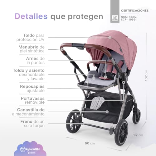 ESQUIMAL Carriola para Bebé Easy Prime Asiento Reversible Bidireccional, Plegado Semiautomático una mano, Compacta, Ligera, Reclinable 3 posiciones, Ruedas con Suspensión, 0 a 36 meses (Rosa)