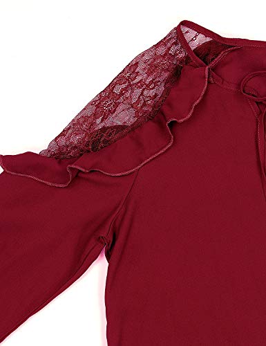 Blooming Jelly Womens Red Lace Top Tie V Neck Long Sleeve Shirt Ruffles Loose Elegant Blouse (Medium, Red)