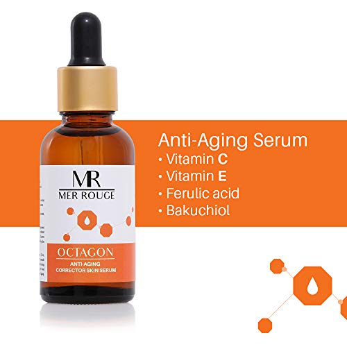 Anti-Aging Serum with Vitamin C, E, Ferulic Acid – Helps Strengthen, Brighten, Tighten, Smooth Skin Dark Spot Corrector for Face, Daily by Mer Rouge, 1 Fl. Oz.
