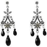 DIAMANTIO 18K Gold Plated Vintage Black Crystal Dangle Earrings with Cubic Zirconia – Statement Floral Chandelier Design with Teardrop Beads for Elegant Evenings