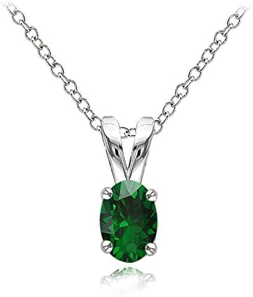 Sterling Silver Created Emerald 6x4mm Oval Solitaire Necklace with 18 Inch Chain