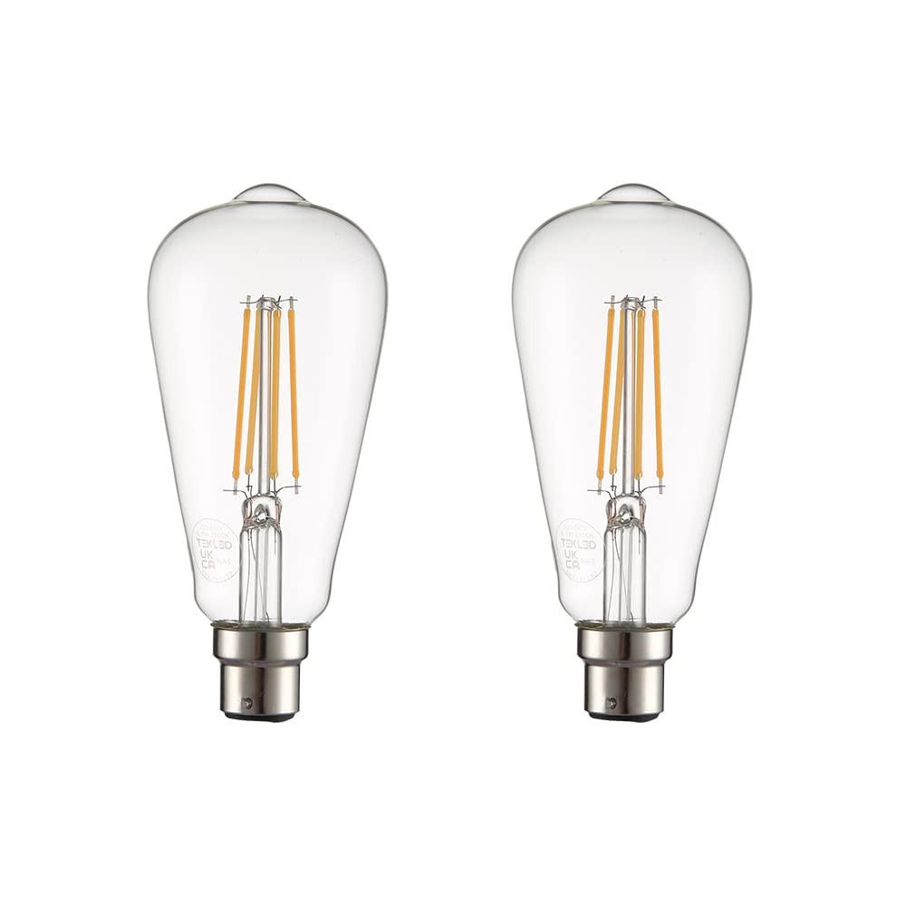 TEKLED® ST64 Filament Vintage DIMMABLE LED Bulbs | B22 Bayonet Cap | Energy Saving 6.5W Light Bulb 60W Equivalent | Clear 2700K 806LM | 2-Pack | Warm White