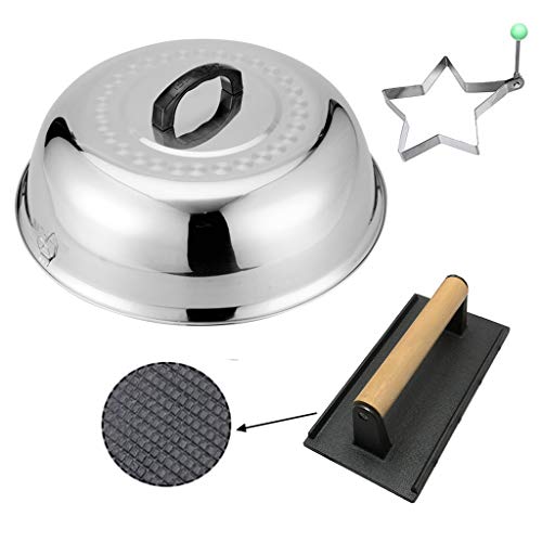 ZHOUWHJJ BBQ Stainless Steel 12" Round Basting Cover/Cheese Melting Dome and Steaming Cover+ Heavy-Weight Cast Iron Grill Press/Hamburger Bacon Steak Grill Press, Best for Flat Top Griddle Grill