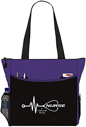 Nurse EKG Stethoscope Lifeline of Caring Tote Bag Office School Travel Business Personal Organizer - Purple Black