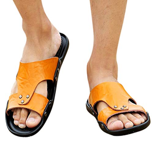 New!!!!! Respctful ♫♫Mens Leather Sandals Casual Slippers Non-Slip Outdoor Slides Fashion Summer Beach Open Toe Flat Shoes Yellow