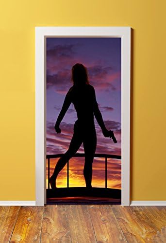 WindowPix 36x80 3D Door (Sticker) Murals - PEEL &amp; STICK - Made from tear-proof, washable, durable material Darkened silhouette of a woman &amp; her gun