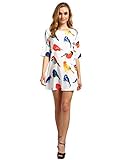 ROMWE Women's Summer Birds Print Short Sleeve Loose Shift Dress White L