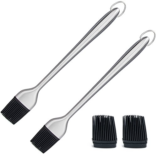 STARUBY Basting Brush 2-Pack 12 Inches BBQ Grill Brushes Flexible Silicone Basting Brush Stainless Steel Handle With 2pcs Replacement Silicone Brushes Dishwasher Safe