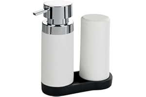 WENKO Dish Soap Dispenser Station for Kitchen Sink, Squeeze Bottle for Washing Up Liquid and Hand Soap, Round Refillable Plastic Bottles, Easy to Fill and to Use, Each 8.5 Oz, White