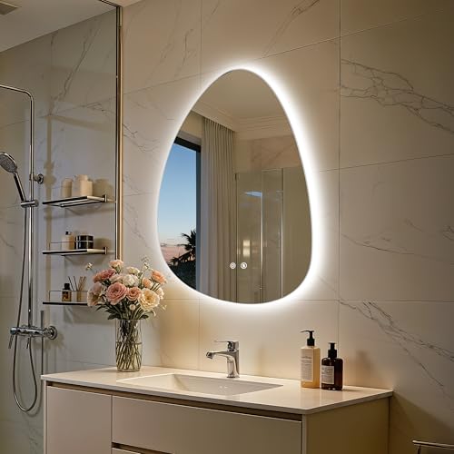 LED Irregular Wall Vanity Mirror, 50x70CM Backlight Mirror with Defogger, 3 Light Colors Stepless Dimming, Frameless Aesthetic Glass for Bathroom Tempered Glass