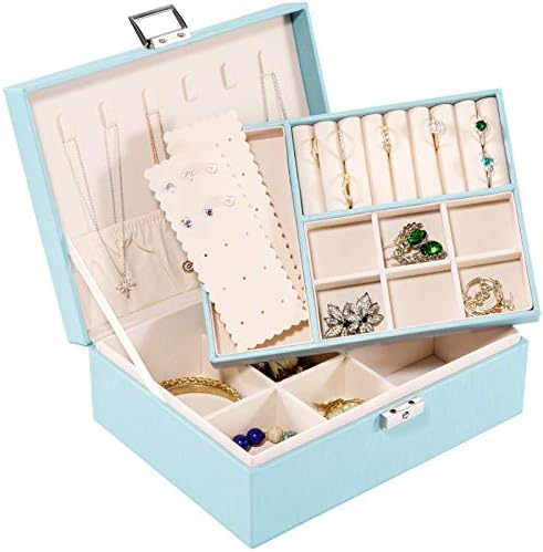 Allinside Jewelry Box, Double Layer Accessory Case, Jewelry Box, Jewelry Storage, Piercing, Necklace Storage, Divider Adjustment, Keys Included, PU Leather, Blue