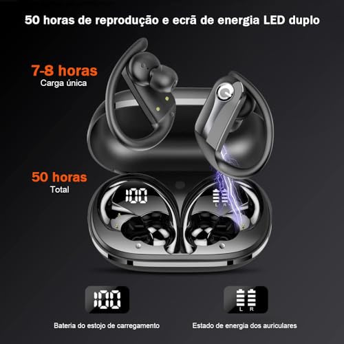 Fones de ouvido sem fio, Bluetooth 5.3, estéreo de alta fidelidade, tela LED, chamadas nítidas com microfone, cancelamento de ruído, controle por toque, IP7 à prova d'água, esportivo (preto)
