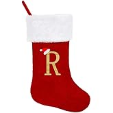 20 Inches Monogram Christmas Stockings with Letters, Initial Embroidered Christmas Stockings Red Personalized Christmas Stockings Large Soft Stocking Decorations for Holiday Xmas Season Gift Decor(R)