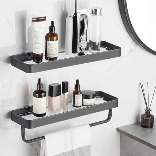 TERRIFI 40 CM Wall Mounted Shower Caddies, 2-Tier Bathroom Shelves with Towel Bar, Tempered Glass Floating Shelf, Black Bathroom Wall Organizer