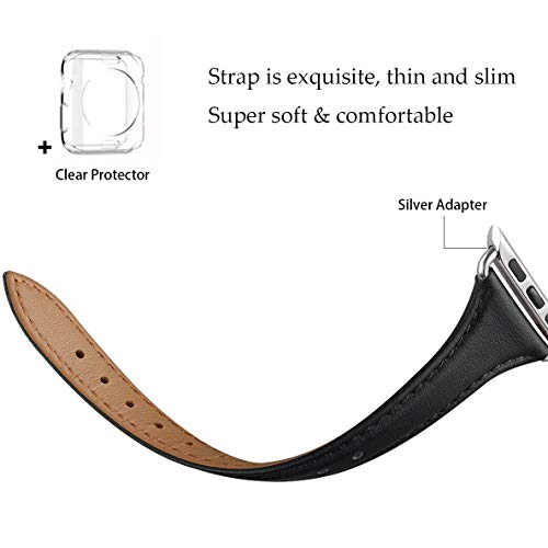 WFEAGL Leather Bands Compatible with Apple Watch 38mm 40mm 42mm 44mm, Top Grain Leather Band Slim & Thin Wristband for iWatch Series 5 & Series 4/3/2/1 (Black Band+Silver Adapter, 38mm 40mm) - Thumbnail 2