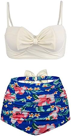 Vintage Bow Women's Bikini Set Bathing Suit Floral Printed Two Piece High Waist Swimsuit Large