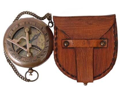 Antiquated Finish Brass Sundial with Leather Case