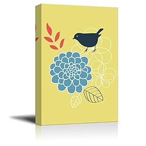 Canvas Birds Series - Bird Standing on Abstract Flower - Giclee Print Gallery Wrap Modern Home Art Ready to Hang - 12x18 inches