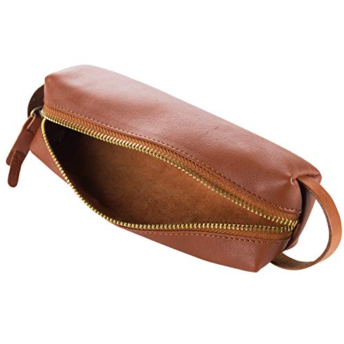 Ancicraft Genuine Leather Handmade Pen Pencil Mark Case Holder Pouch Organizer Bag Purse with Zipper Closure Brown - Thumbnail 4