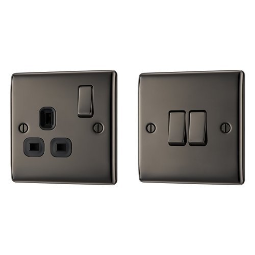 BG Electrical NBN21B 13 A Electrical 1-Gang Single Socket, Black Nickle + NBN42 10 A 2-Way Nexus Metal Double Light Switch, Black Nickel
